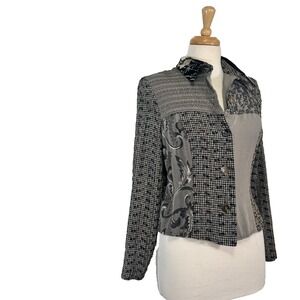 Lucia Lukken Medium Velvet Patwork Button Up Blouse VTG Black White Gray Pattern